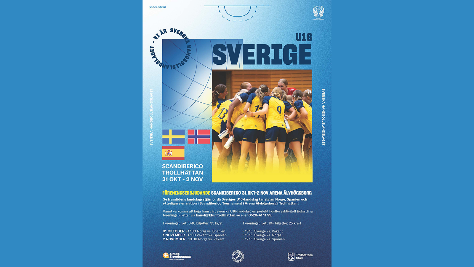 En blå bakgrund. på den en affisch för scandiberico. med en bild av svenska landslaget U16 som står i en ring. 